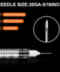 1ml 30G 5 16th Inch 8mm Lab Syringes Individual Pack Of 60 Leak Resistant Plunger With Clear Markings For Precise Dispensing Clear Barrel Easy Read Measurements Lab Supplies, needle close-up