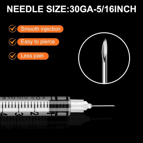 1ml 30G 5 16th Inch 8mm Lab Syringes Individual Pack Of 60 Leak Resistant Plunger With Clear Markings For Precise Dispensing Clear Barrel Easy Read Measurements Lab Supplies, needle close-up