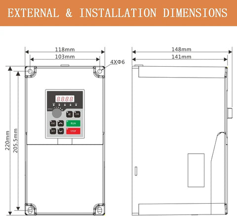 Beast Of A Seven Point Five Kilowatt Ten Horsepower 380V VFD Inverter For Single Phase To Three Phase Motors, 0 To 2000 Hz Output, One Phase Or Three Phase Input, Low Noise Operation, Low EMI, PWM Control Tech. dimension drawing with 220mm height and 148mm depth