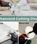 Heavy Duty Rotary Tool Cutting Wheel Set Including Diamond And Resin Blades For Crushing Through Glass Metal Wood Brick Without Breaking A Sweat Built Like Tanks For Hella Durability, showcasing diamond cutting disc in action on glass and marble.
