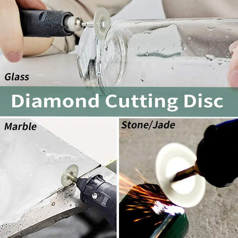 Heavy Duty Rotary Tool Cutting Wheel Set Including Diamond And Resin Blades For Crushing Through Glass Metal Wood Brick Without Breaking A Sweat Built Like Tanks For Hella Durability, showcasing diamond cutting disc in action on glass and marble.
