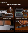 X4 Filament Dryer Box features including PTFE tube connector, moisture-proof sealing, sliding lock, anti-scalding roller for 3D printers.