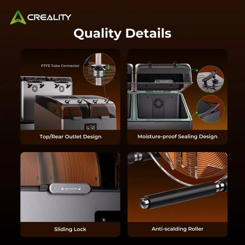 X4 Filament Dryer Box features including PTFE tube connector, moisture-proof sealing, sliding lock, anti-scalding roller for 3D printers.