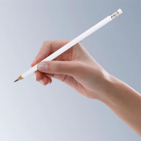 Hand holding a pencil from the 10 Pack White Round Carpenter Pencils With Eraser Heavy Duty Graphite Pro Grade No Sharpening Required.