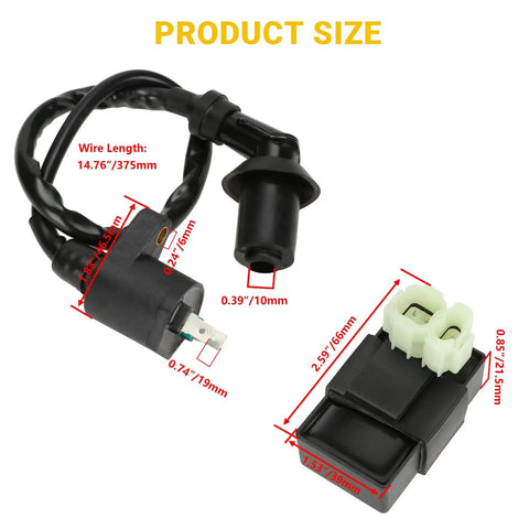 Gy6 Ignition Coil With 6 Pin AC CDI Box Kit For 50cc 125cc 150cc Taotao ATM50 Thunder 50 VIP50 Roketa Jonway Sunl 4 Stroke Moped ATV Quad Go Kart Parts Bundle, shown with dimensions
