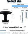 Black Cabinet Knobs, 6 Pack, 1-1/4 Inch Round Single Hole Drawer Knobs with sizing diagram and included screws.