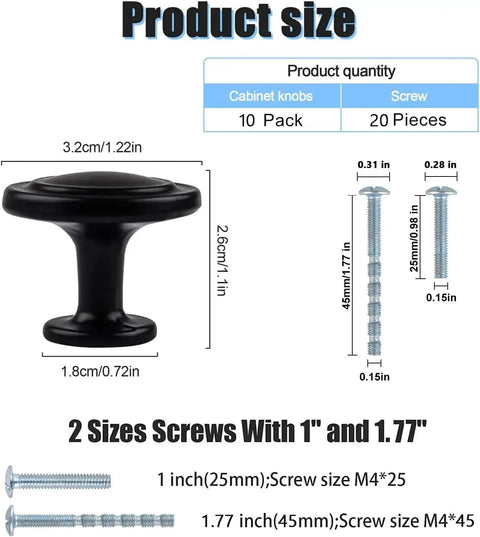 Black Cabinet Knobs, 6 Pack, 1-1/4 Inch Round Single Hole Drawer Knobs with sizing diagram and included screws.