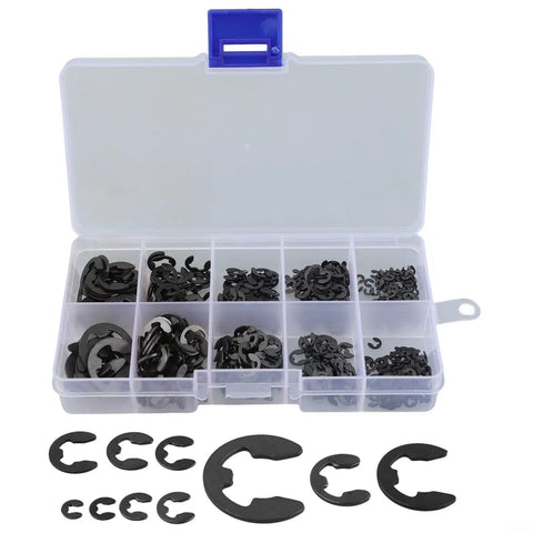 580 Piece E Type Retaining Ring Set With Black Carbon Steel External Snap Rings 1.5mm To 10mm Range In Industrial Fastener Storage Box Easy Install Clips For Hardware Repairs DIY Friendly in clear box