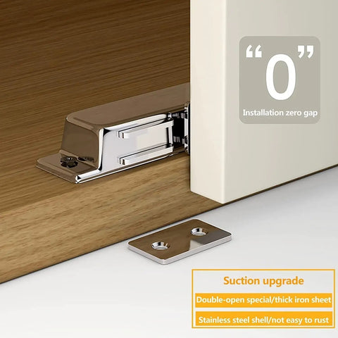 Push To Open Magnetic Door Catch Set 2 Pack Heavy Duty Stainless Steel Cabinet Latches mounted inside a wooden cabinet.