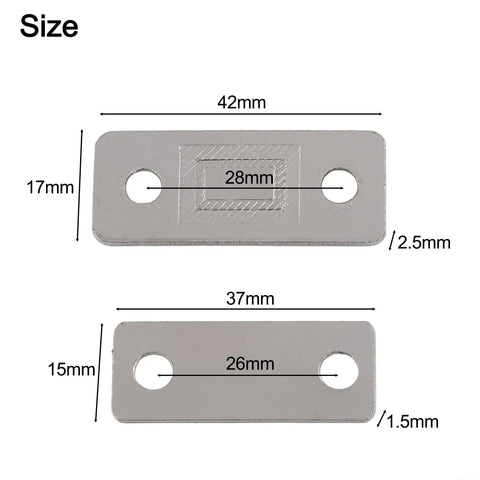 Dimensions of Two Pack Ultra Thin Magnetic Cabinet Door Catches With Screws For Easy Install On Wardrobe, Drawer, Cupboard And Furniture Doors, Silver Finish 42x17mm Durable Metal Construction shown