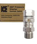 Stainless Steel M22 360 Degree Pressure Washer Swivel Joint Fitting For Guns And Hoses, 5000 PSI, 0.85 Inch ID To M22, High Flow, No Twist, Not For 3 By 8 NPT M, on box