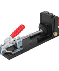 Top Shelf Heavy Duty Aluminum Pocket Hole Jig Kit With Rock Solid Frame For Precision Woodworking Drilling And Slick DIY Furniture Assembly In Any Home Workshop Or Garage Crew Setup - close-up of adjustable clamp and mount.
