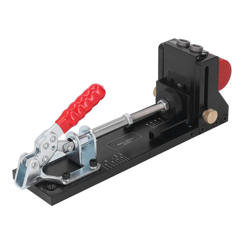 Top Shelf Heavy Duty Aluminum Pocket Hole Jig Kit With Rock Solid Frame For Precision Woodworking Drilling And Slick DIY Furniture Assembly In Any Home Workshop Or Garage Crew Setup - close-up of adjustable clamp and mount.
