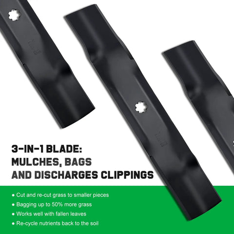 Replacement 7 Star Mounting Pattern Blades For 48 Inch John Deere Deck Mowers And 48 Inch Zero Turn Tractors D160 E160 E170 E150 LA145 LA140 GY20852 GX21784 Compatible For A Clean Cut Every Time, 3-in-1 blade close-up view