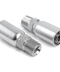 Two 1/2-in NPTF male hydraulic hose end crimp fittings, silver metal