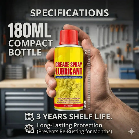 Hand holding a 180ml can of grease spray lubricant with 3 years shelf life, labeled for rust removal and lubrication, shown in a workshop.