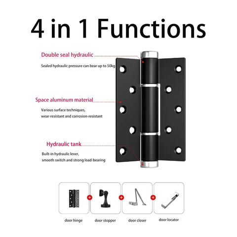 4-in-1 functions of 3 Pack Self Closing Door Hinges With 5.8 Inch Spring Loaded Action, Adjustable Door Closer