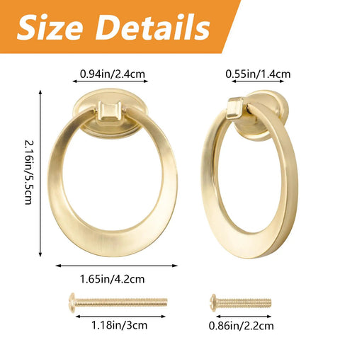 Sleek Round Pull Swing Ring Cabinet Handles 12 Pack Made From Solid Zinc Alloy With Brushed Gold Finish size details