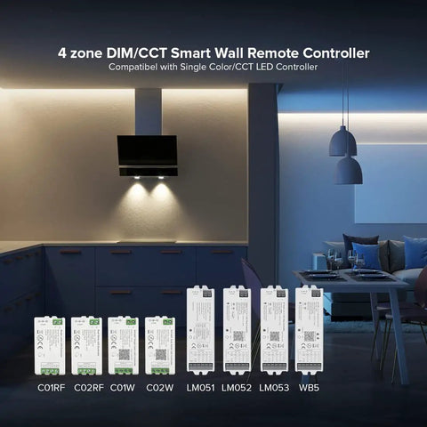 Wireless 2 4G RF 4 Zone Single Color Wall Mounted Smart Panel Remote with controllers in dimly lit room