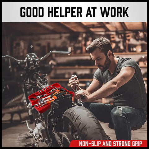 Non Slip Silicone Tool Tray Set Two Piece Flexible Tool Organizer Mats With Magnetic Small Parts Tray in use during motorcycle repair
