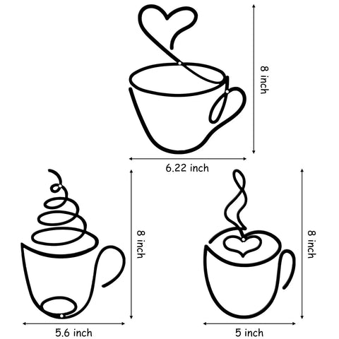 Three Piece Coffee Cup Wire Wall Art Set For Coffee Bar Decor Vintage Rustic Metal Signs, 8-inch iron cup silhouettes trio