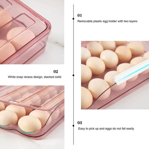Clear Pink Egg Storage Bin For Fridge With Lid 2 Layer Stackable Egg Organizer 36 Count Dispenser Auto Rolling Egg Holder