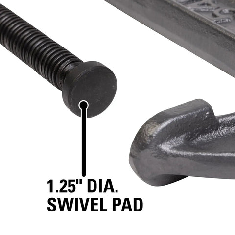 Close-up of black oxide spindle and 1.25 inch swivel pad of Heavy Duty 12 Inch C Clamp With 3 5 Eighths Inch Throat 2850 Lbs Clamping Force.