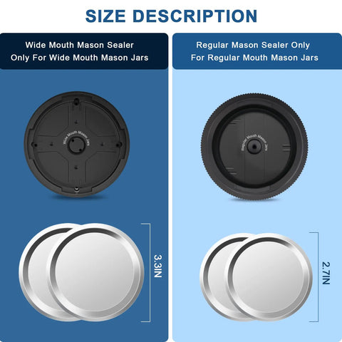 Cordless Electric Mason Jar Vacuum Sealer Kit For Food Storage With Two Mouth Seal Sizes shown in wide and regular sizes