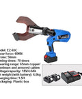 EZ-65C Hydraulic Cable Cutter, 250KN Heavy Duty Cordless Battery Powered Tool For Cutting Copper Aluminum And Armored Wire Cables Up To 65mm Stroke Fast Industrial Grade Rechargeable Electric Shearing Machine with blue handle and battery pack.