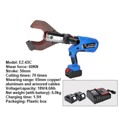 EZ-65C Hydraulic Cable Cutter, 250KN Heavy Duty Cordless Battery Powered Tool For Cutting Copper Aluminum And Armored Wire Cables Up To 65mm Stroke Fast Industrial Grade Rechargeable Electric Shearing Machine with blue handle and battery pack.
