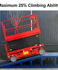 Heavy Duty Self Propelled Scissor Lift With 26 Foot Electric Aerial Work Platform And 450 Kilogram Load Capacity on ramp showing climbing ability.