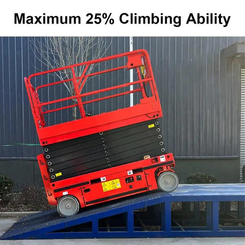 Heavy Duty Self Propelled Scissor Lift With 26 Foot Electric Aerial Work Platform And 450 Kilogram Load Capacity on ramp showing climbing ability.