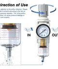 Image showing airflow direction for 1/4 Inch NPT Air Filter Regulator Combo With Piggyback, 5 Micron Brass Element, Semi Auto Drain.