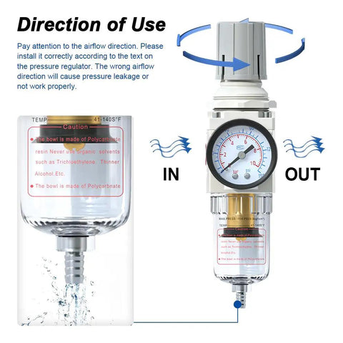 Image showing airflow direction for 1/4 Inch NPT Air Filter Regulator Combo With Piggyback, 5 Micron Brass Element, Semi Auto Drain.