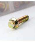 Close-up of a single bolt from 56 Pieces M8 Bolts And Nuts Kit With Flange Hex Head, Grade 8.8 Alloy Steel Metric Fasteners.