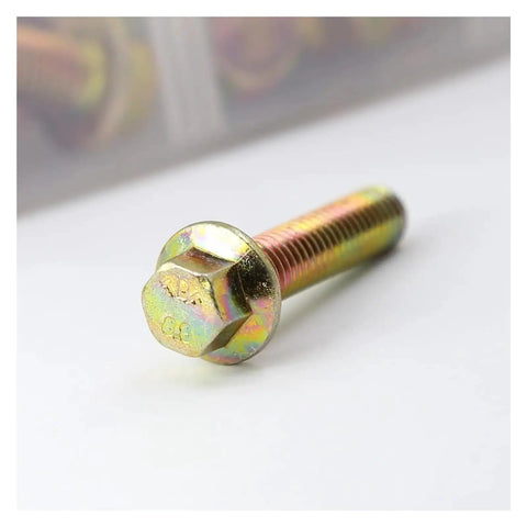 Close-up of a single bolt from 56 Pieces M8 Bolts And Nuts Kit With Flange Hex Head, Grade 8.8 Alloy Steel Metric Fasteners.