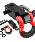 2 Inch Tow Hitch Receiver With Three Quarter Inch D Ring Shackle, Forty Five Thousand Pound Break Strength, Eleven Thousand Pound Working Load, Includes Five Eighth Inch Hitch Pin, Off Road Tow Gear For Trucks And Trailers, Red And Black.