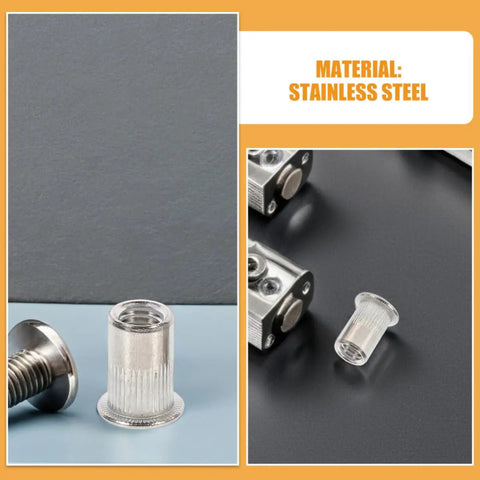 70 Pcs M5 Stainless Steel Flat Head Rivet Nuts Kit For Quick Fixes In Machinery Furniture And Electronics displayed on background