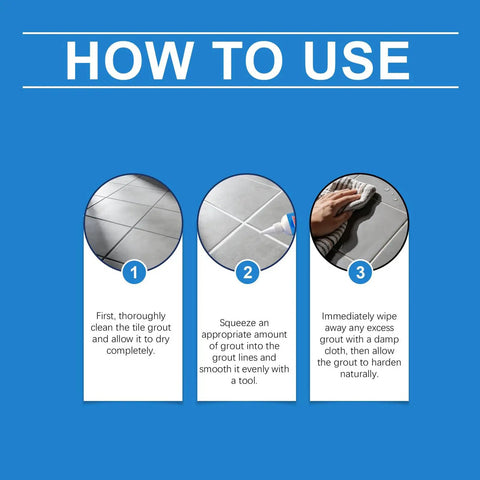 Instructions for using Fix Ceramic Gaps Fast With Heavy Duty Tile Filler Cream, showing steps of cleaning, applying, and finishing grout.