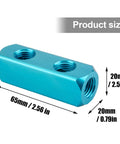 Two Way Five Port Aluminum Air Manifold For Compressors Inline Hose Block Splitter Pneumatic Distribution Block With NPT One Quarter Inch Supply And Output Ports Durable Lightweight Aluminum Body showing dimensions