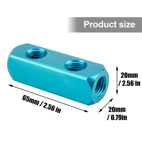 Two Way Five Port Aluminum Air Manifold For Compressors Inline Hose Block Splitter Pneumatic Distribution Block With NPT One Quarter Inch Supply And Output Ports Durable Lightweight Aluminum Body showing dimensions