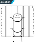 Diagram of QS-50 80 Gallon Water Heater Restraint System With Front-Adjust Quick Link, silver safety straps in use.