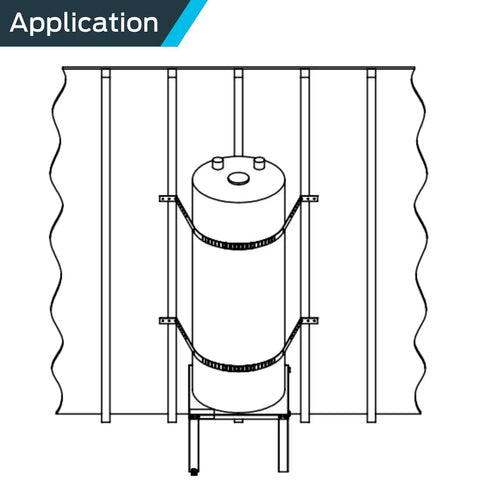 Diagram of QS-50 80 Gallon Water Heater Restraint System With Front-Adjust Quick Link, silver safety straps in use.