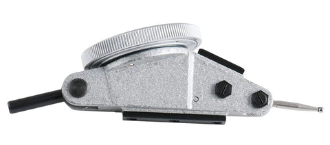 Horizontal test indicator, 1.5 in dial diameter, silver metal body, right-side probe