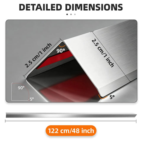 Detailed dimensions of Heavy Duty 304 Stainless Steel Wall Corner Guards 1X1X48 Inches showing L-shape with measurements.