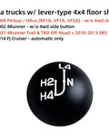 Two One Eighth Inch Ball Style Aluminum 4x4 Transfer Case Shifter Knob Engraved White Inlay For Toyota Hilux 4Runner Tacoma Trucks Classic Round Design Upgrade showing gear layout.