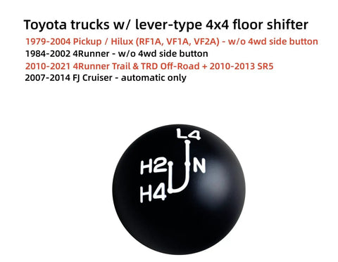 Two One Eighth Inch Ball Style Aluminum 4x4 Transfer Case Shifter Knob Engraved White Inlay For Toyota Hilux 4Runner Tacoma Trucks Classic Round Design Upgrade showing gear layout.