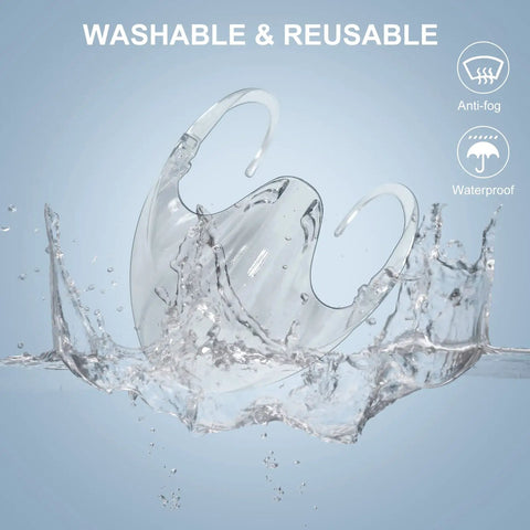 Transparent Face Shield For Men And Women, Lightweight Anti Fog Protective Shield shown splash in water, highlighting washable and reusable features.