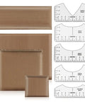 Heat Press Pillow Kit With Four Mat Sizes And Five Rulers For Vinyl And Sublimation Transfers, shown with rulers and teflon mats