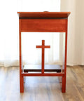 Solid Wood Prayer Kneeler Bench With Folding Table Top For Home Or Church Padded Kneeler Shelf And Compact Design Space Saving Kneeling Table Chair For Prayer And Meditation Ideal Religious Gift, front view with cross detail.